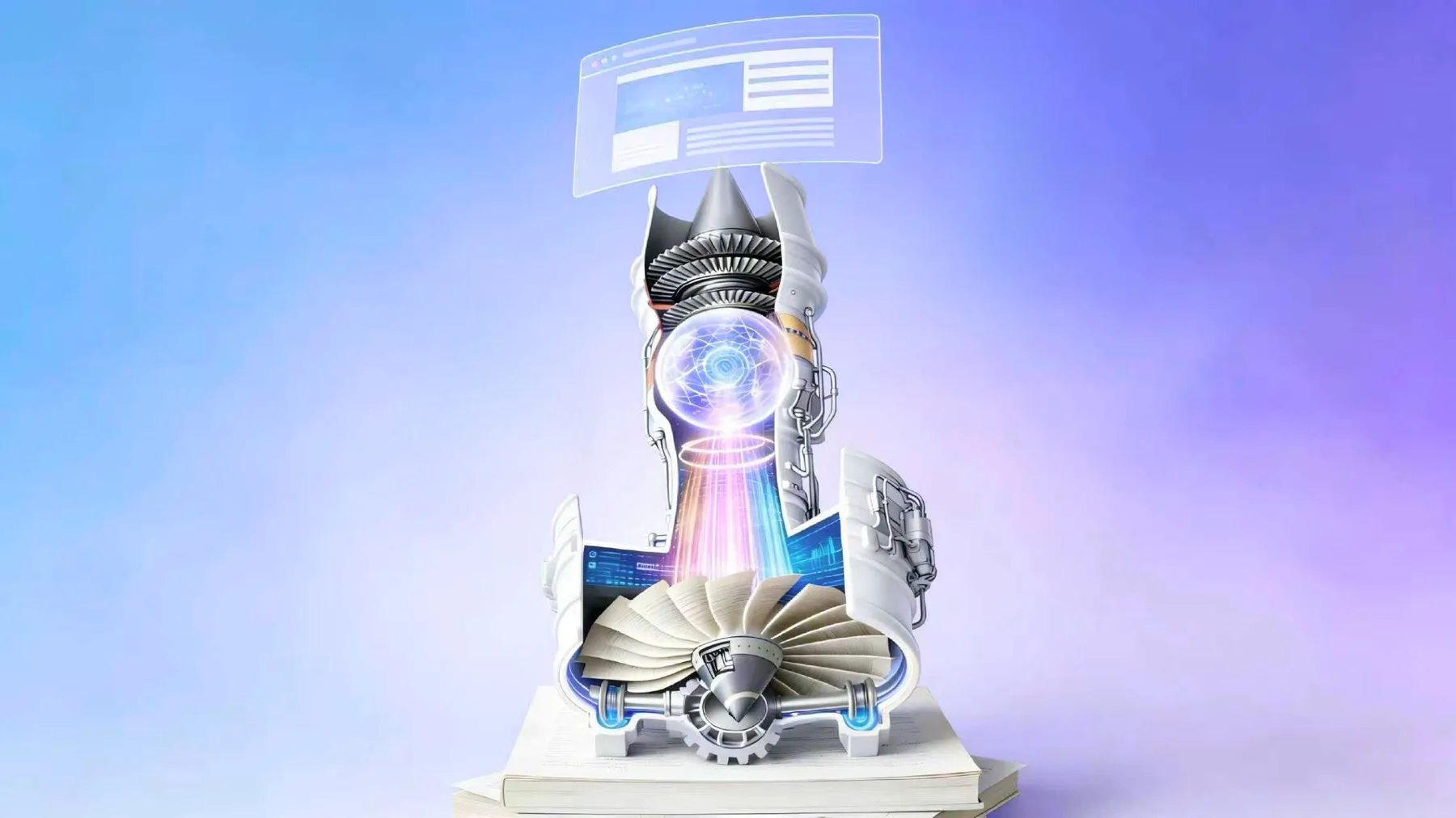 Illustration of the AI data engine: knowledge and data flowing into a glowing core